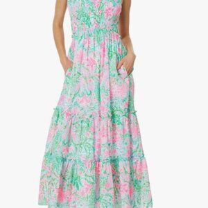 Lilly Pulitzer Hadly Smocked Cotton Maxi Amalfi Blue Leaf It Wild, Small